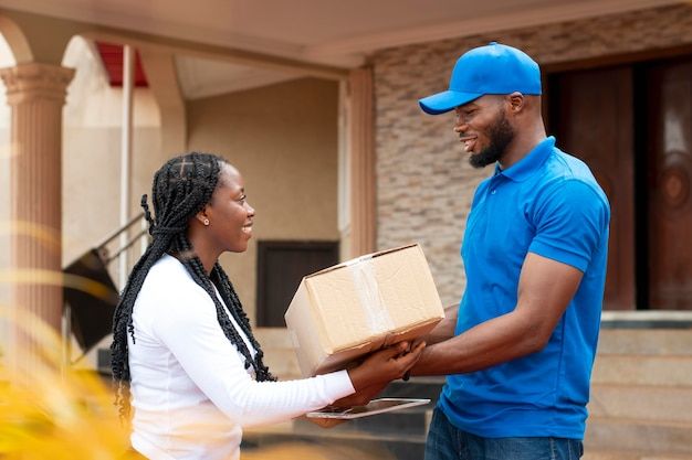 Une femme qui reçoit un don d'un homme d'une association caritative